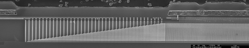 SEM image of V-NAND array edge cross-section along word lines - Samsung K9HQGY8S5M / K9LPGY8S1M / K9ADGD8S0A